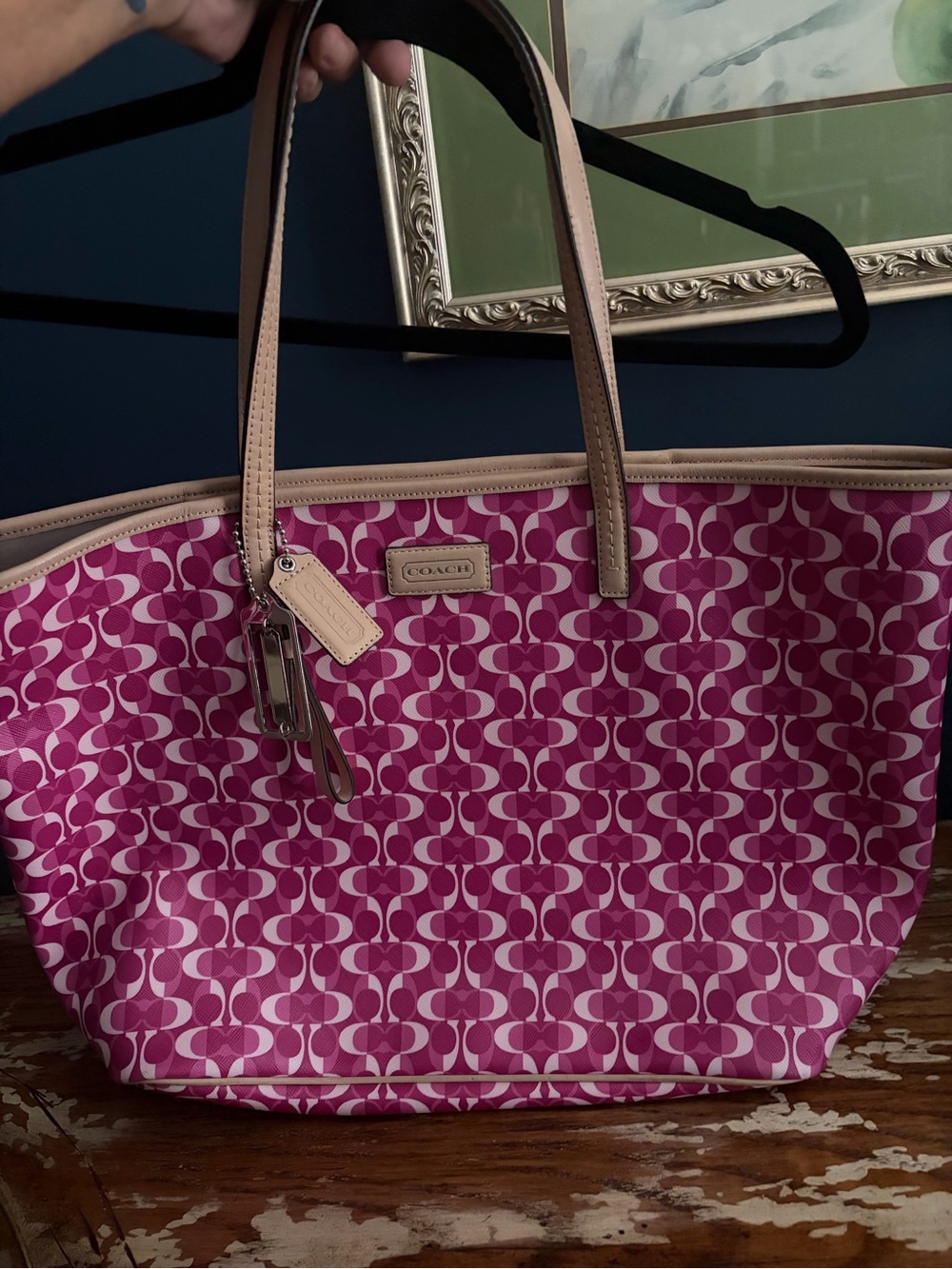 Coach Pink Signature Jacquard Tote with Tan Trim